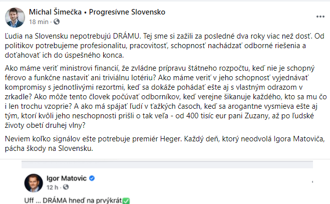 Michal ŠIMEČKA (PS): Každý deň, ktorý premiér neodvolá Igora Matoviča, pácha škody na Slovensku