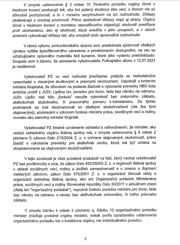 Uznesenie vyšetrovateľa o odmietnutí trestného oznámenia vo veci previerky pre Lipšica, o ktorú požiadal Milan Krajniak, je nezákonné