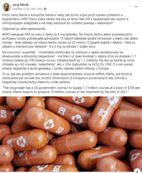 Mesík: Účinný liek na COVID-19 existuje - Ivermectin, ale to by potom nemali farmafirmy miliardové zisky!
