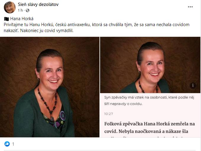 Česká speváčka Hana Horká sa zámerne nakazila Covidom, aby mala proti nemu imunitu. Svoj „pokus“, žiaľ, neprežila