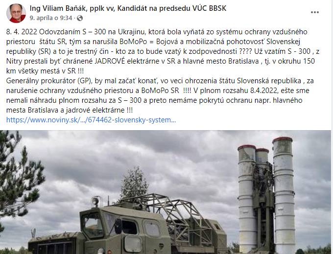 Odovzdaním S–300 na Ukrajinu sa narušila BoMoPo = Bojová a mobilizačná pohotovosť Slovenska, myslí si Viliam Baňák