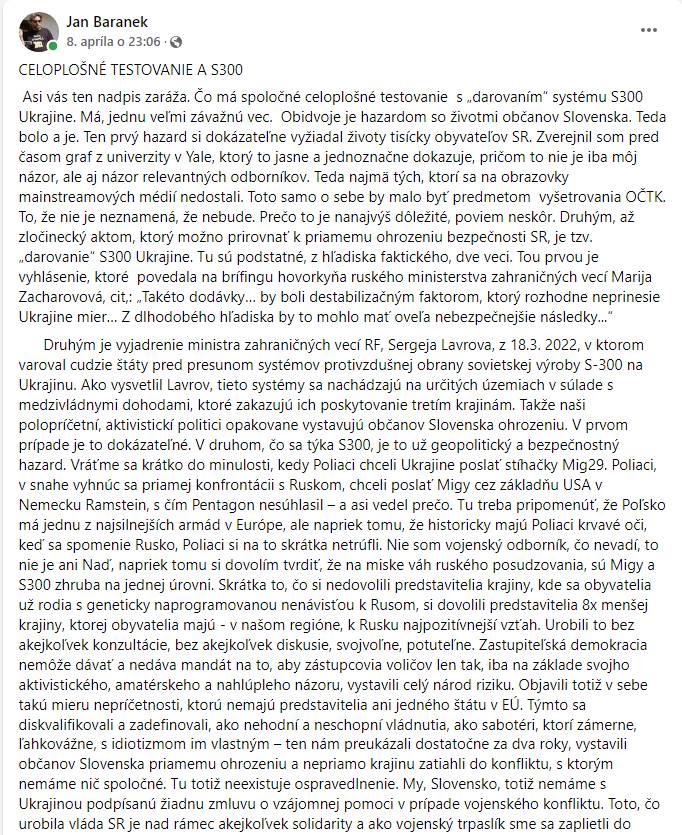 Ján Baránek natvrdo: Spoločné celoplošné testovanie aj „darovanie“ systému S-300 Ukrajine bolo a je hazardom so životmi občanov Slovenska!
