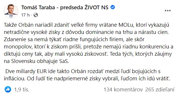 Taraba: Orbán ide rozdať dve miliardy eur medzi ľudí bojujúcich s infláciou. A čo náš Heger?