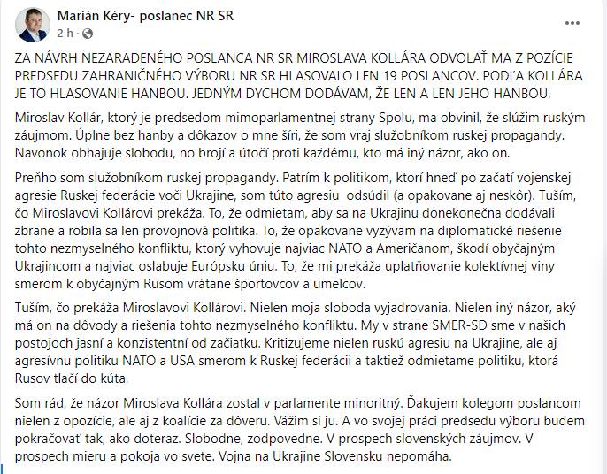 Vojna poslancov: Miroslav Kollár nazval Kéryho Putinovým trollom a chcel ho odvolať z funkcie. Dopadlo to zaujímavo