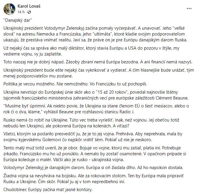 Karol Lovaš: Volodymyr Zelenskyj je danajským darom. Žiadna vojna sa nevyhráva na bojisku