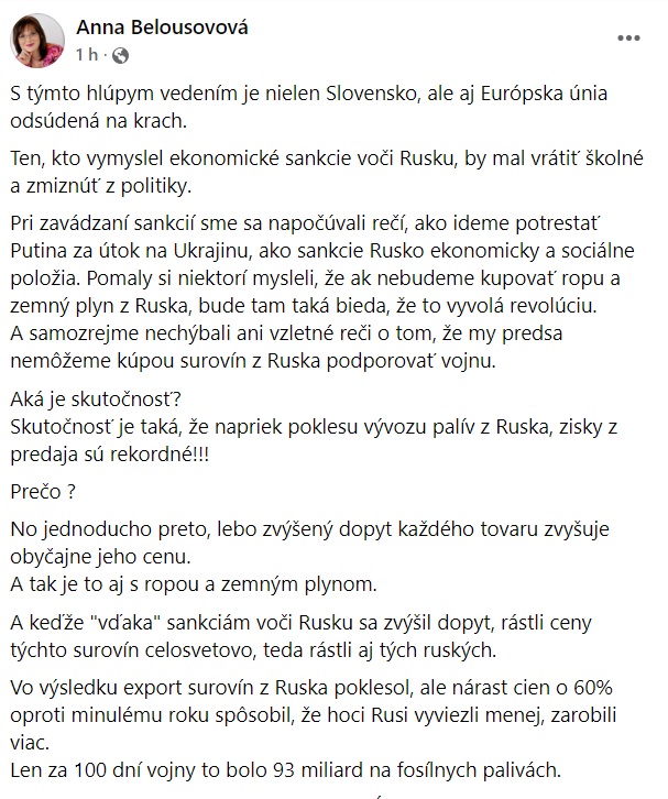 Belousovová sarkasticky: „Chceli trafiť ruskú ekonomiku a trafili našu. A rovno do hlavy. Bezva trefa!!!“