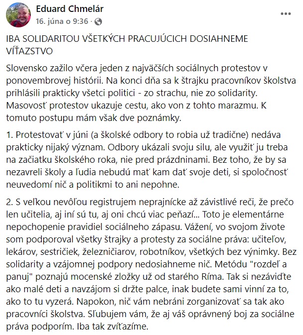 Chmelár odkazuje Slovákom: Bez solidarity a vzájomnej podpory nedosiahneme nič!