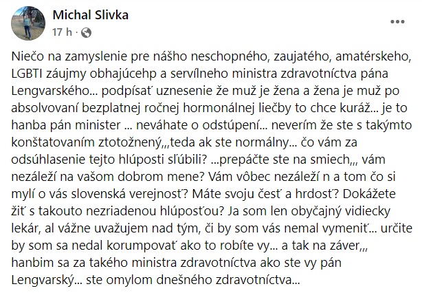 Pán Lengvarský, ste na smiech a mali by ste odstúpiť, odkazuje ministrovi doktor Slivka