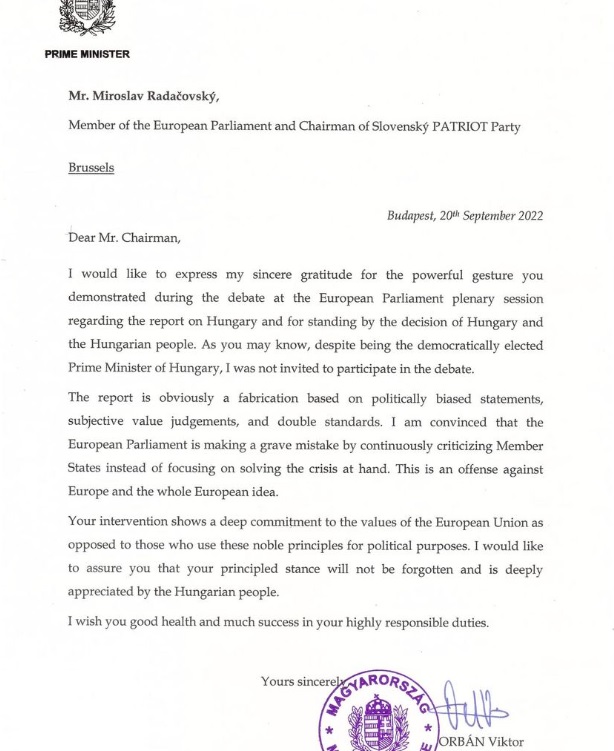 Pocta Miroslavovi Radačovskému. Dostal ďakovný list od Viktora Orbána!