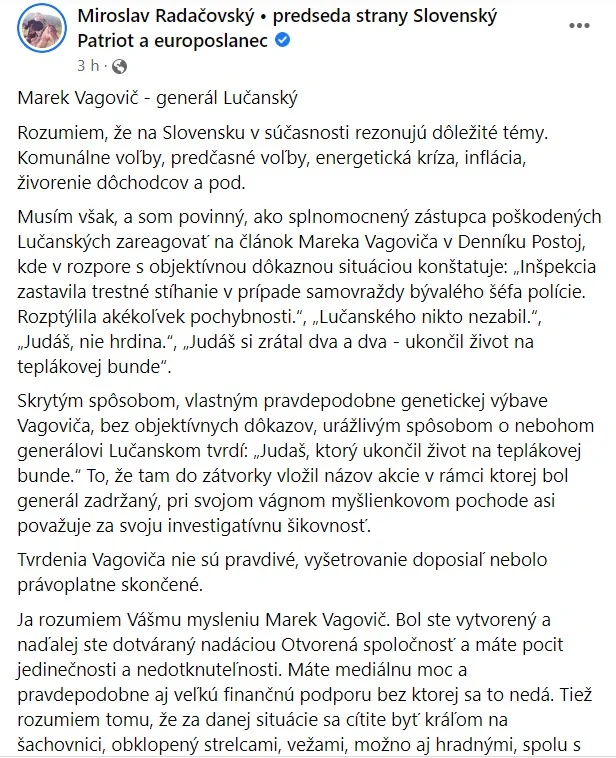 Radačovský: Novinár Vagovič nechutne urazil nebohého generála Lučanského!