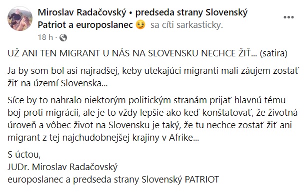 Radačovský: Život na Slovensku, je taký, že tu nechce zostať žiť ani migrant z tej najchudobnejšej krajiny v Afrike