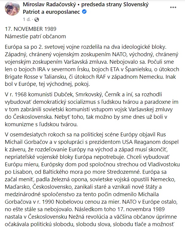 Radačovský: Námestia 17. novembra patria občanom SR. Vláda, parlament ani prezidentský palác na ne nepatria, občania ich nechcú!