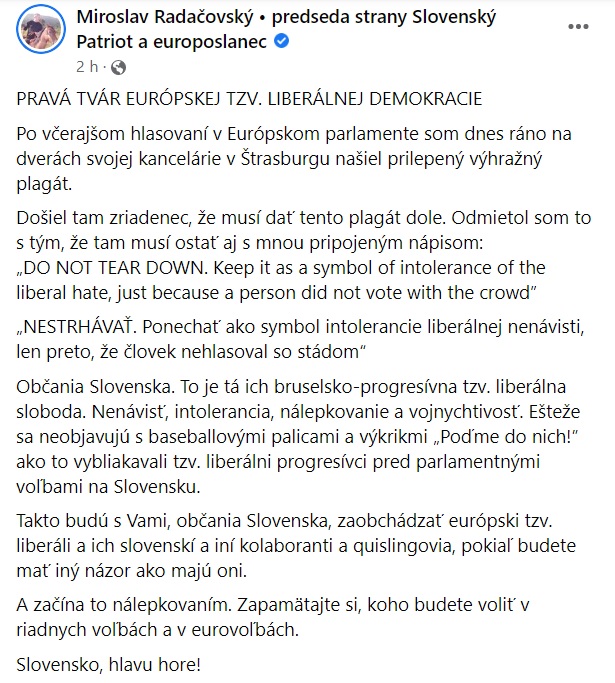 Radačovský dostal výhražný list! „Liberáli“ v europarlamente ukázali, čoho sú schopní