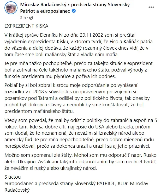 Radačovský posielal Kisku po vyhlásení rozsudku o jeho vine preč z politiky