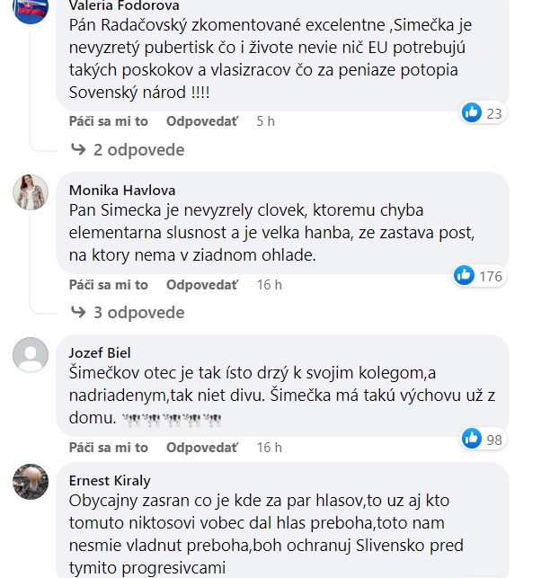 Radačovský si podal šéfa progresívcov Michala Šimečku. A Slováci mu „naložili“ ešte viac