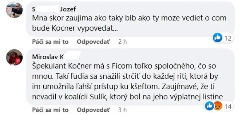 facebook komentáre o Kočnerovi, písali Miroslav a Jozef