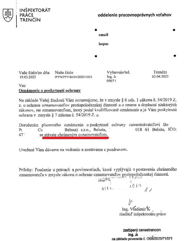 Inšpektorát práce poskytol ODBORÁROVI Milošovi Kapušovi OCHRANU