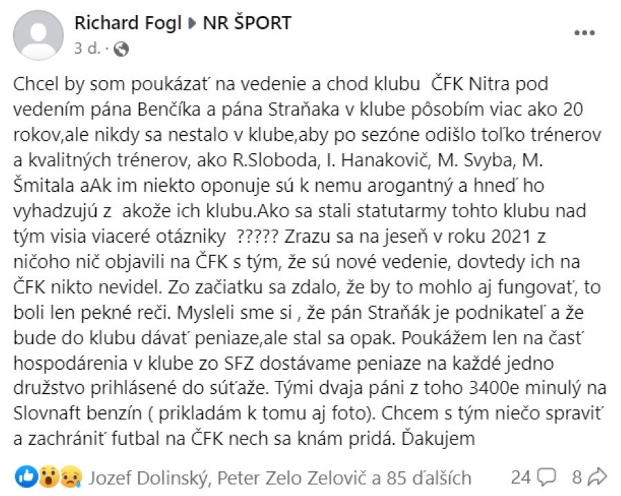 Richard Fógl šokuje: Straňákovi nejde o futbal a mládež na ČFK Nitra, on sa chce zmocniť hlavného štadióna FC Nitra!